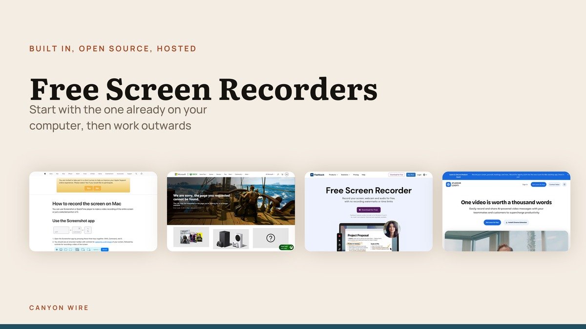 Free screen recorders shown as four developer page captures