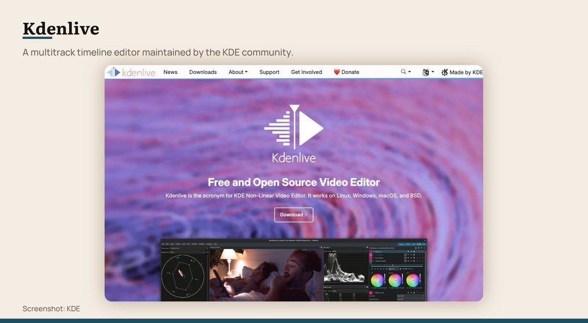 Kdenlive shown on the developer page