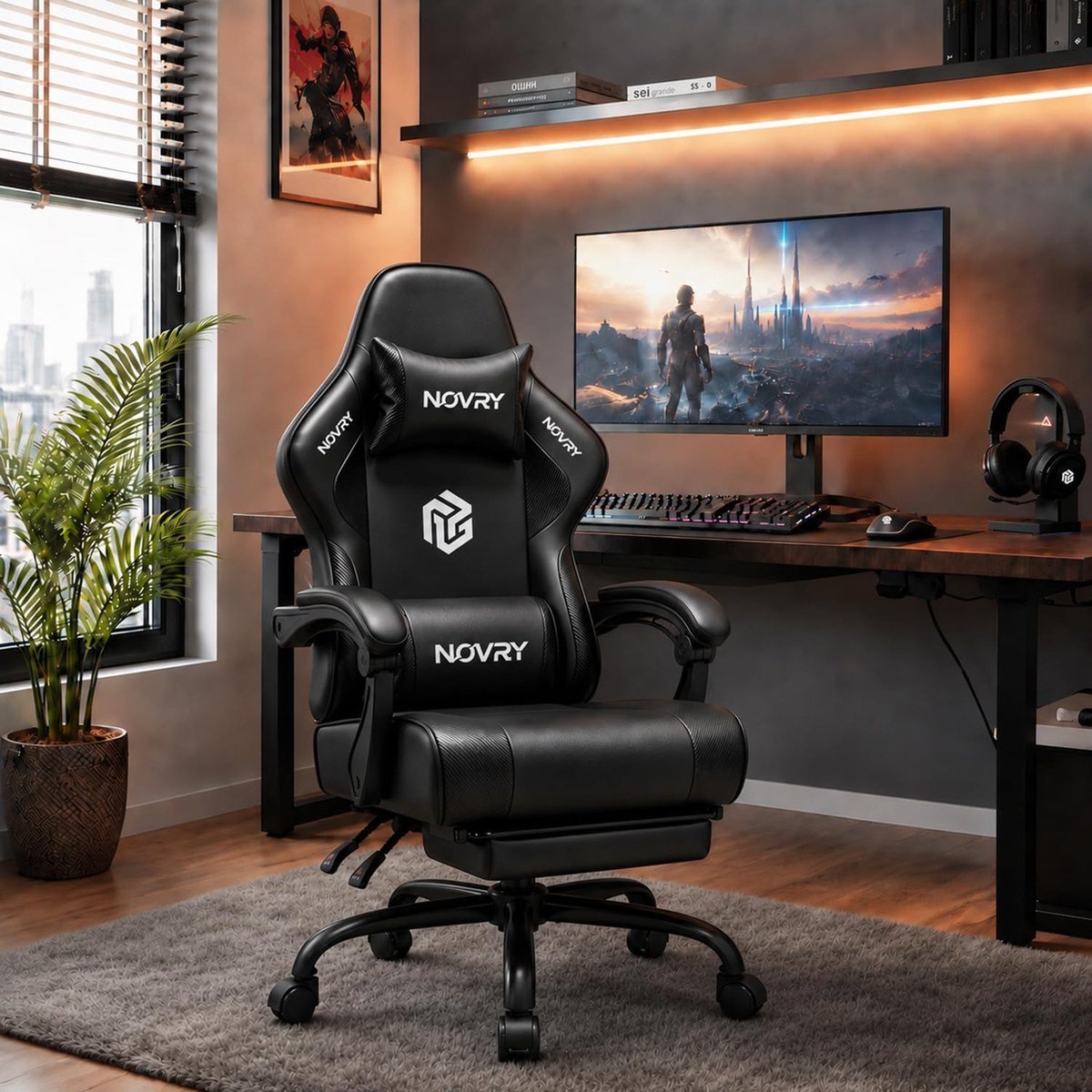 Gaming Chair with Footrest, All Black gaming chair
