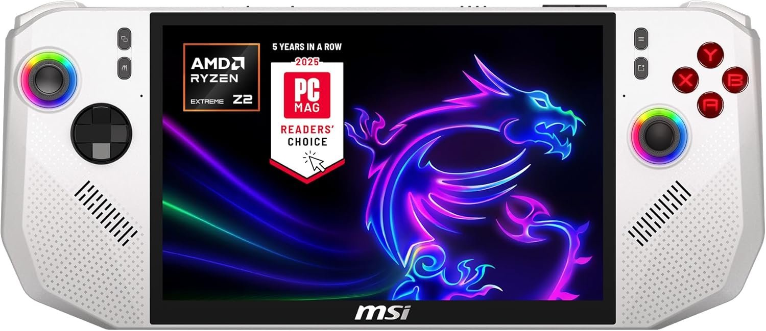 MSI Claw A8 handheld in white with its 8 inch 120Hz display and analogue sticks