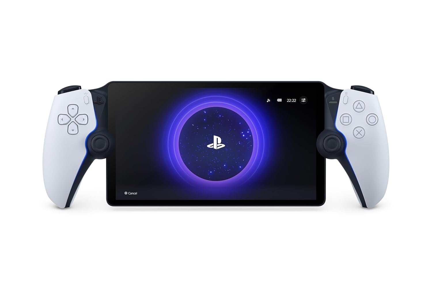 PlayStation Portal remote player with a DualSense split around its 8 inch screen