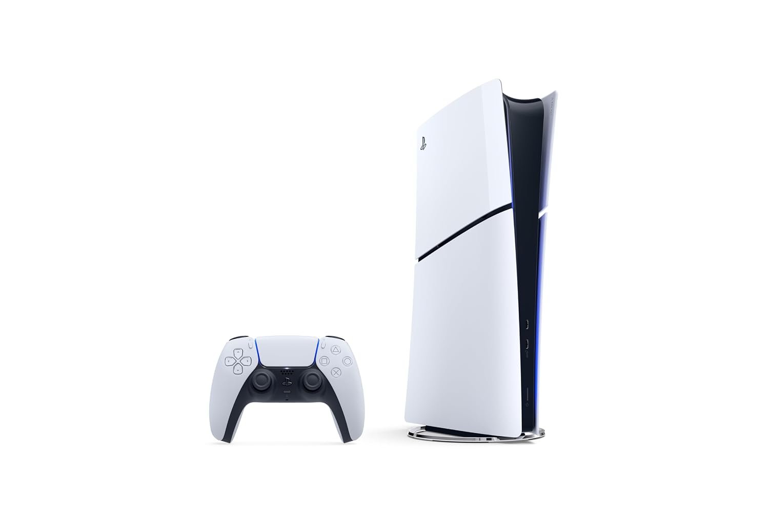PlayStation 5 Digital Edition slim standing upright beside its DualSense controller