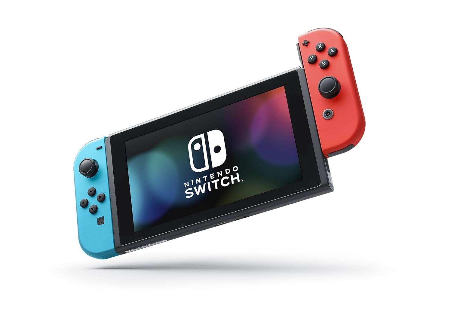 Nintendo Switch with neon blue and neon red Joy-Con controllers attached