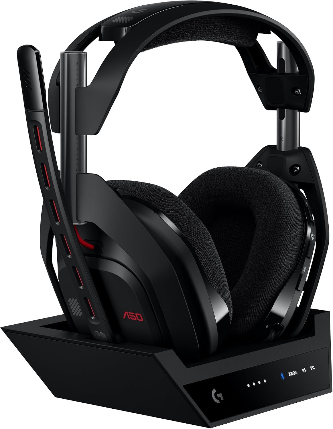 Logitech G Astro A50 wireless gaming headset in black resting on its magnetic charging base station