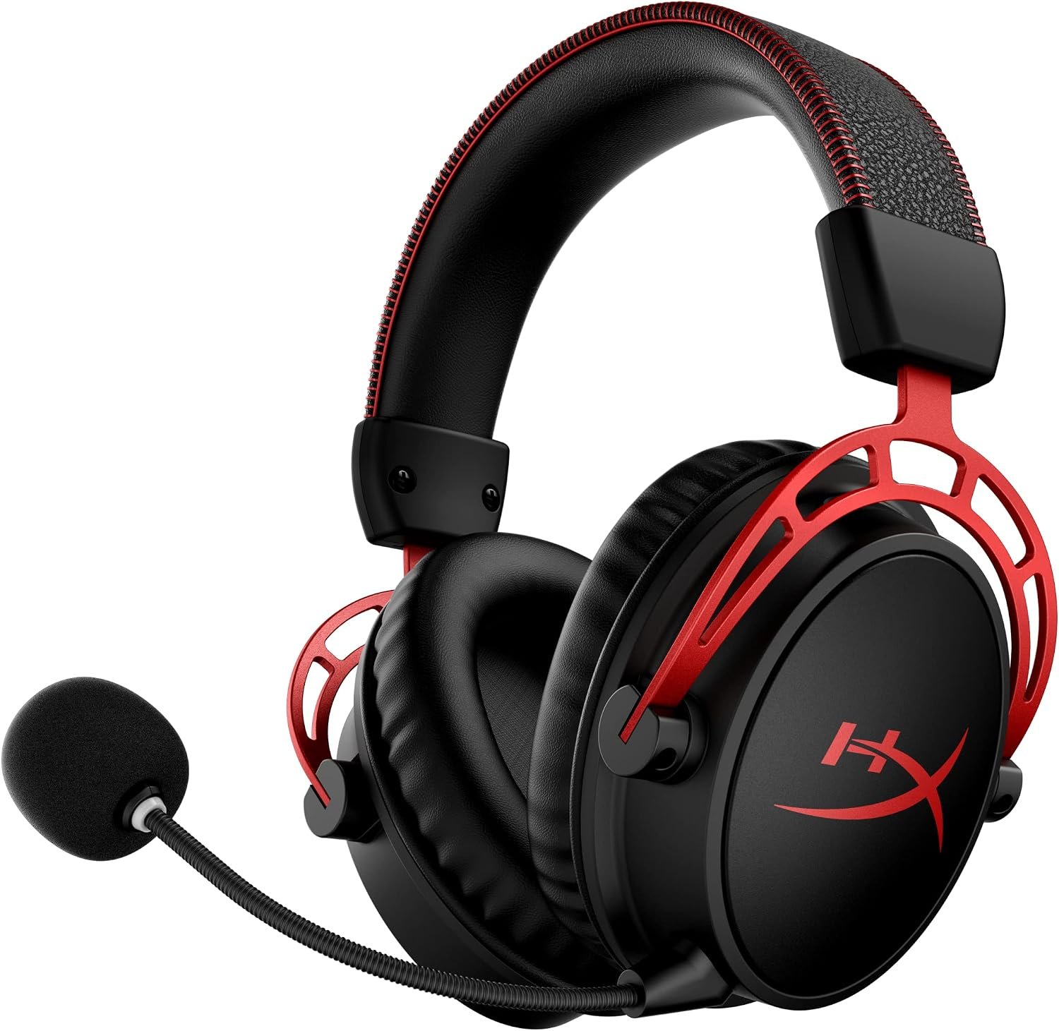 HyperX Cloud Alpha Wireless gaming headset in black and red with its detachable boom microphone