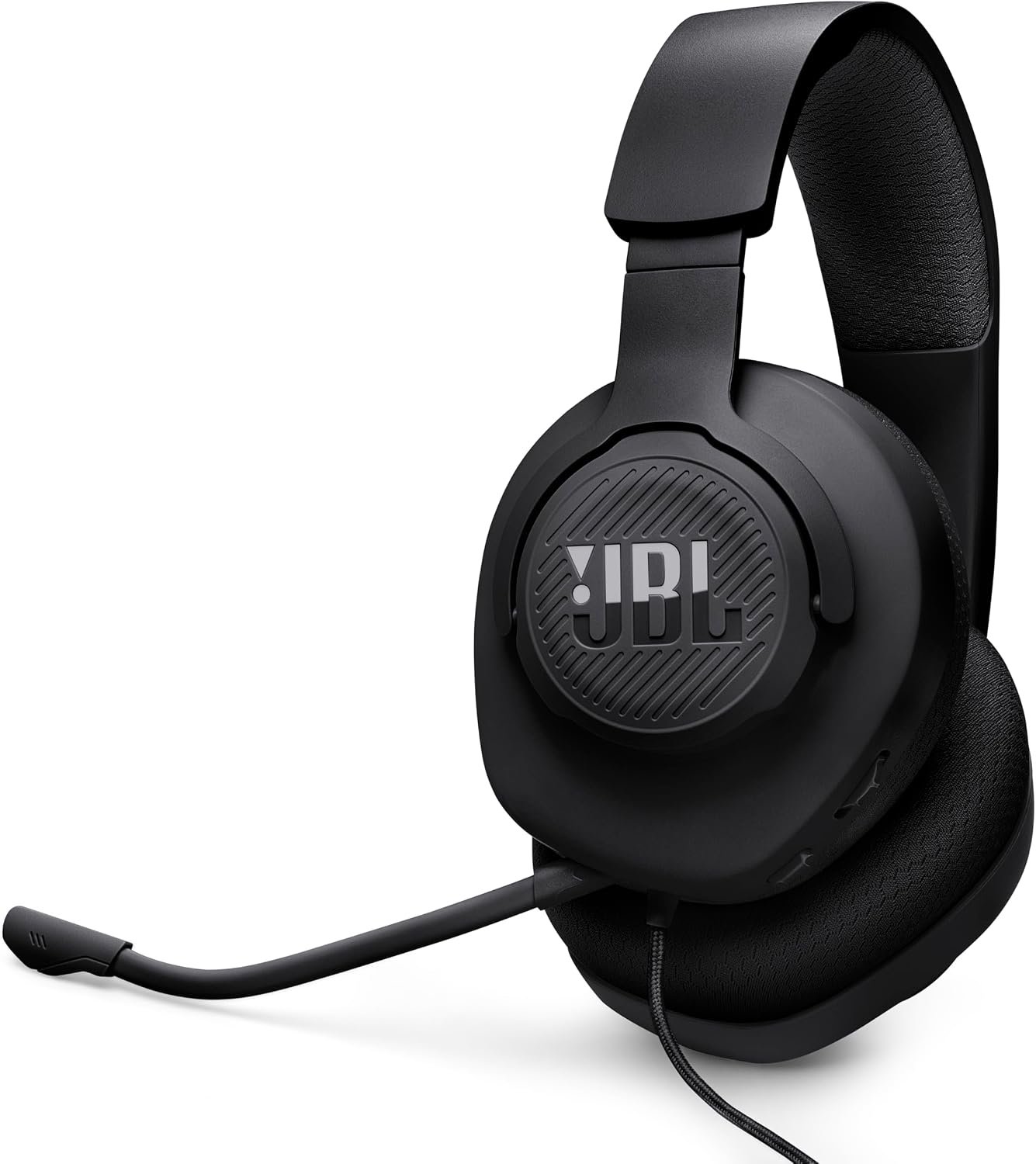 JBL Quantum 100M2 wired gaming headset in black with a detachable directional microphone
