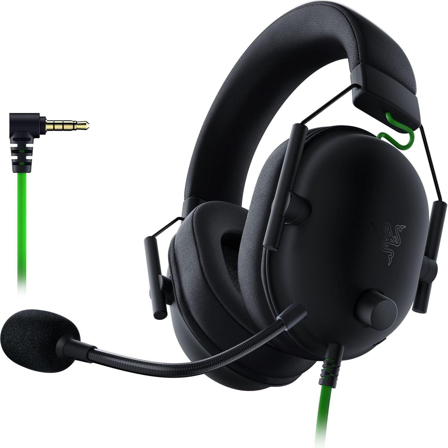 Razer BlackShark V2 X wired gaming headset in black and green with its 3.5mm cable