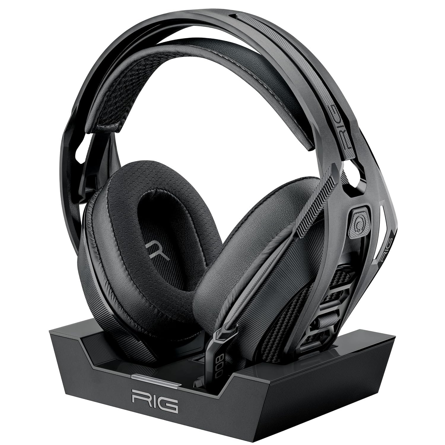 RIG 800 PRO HX wireless gaming headset sitting on its multi-function charging base station