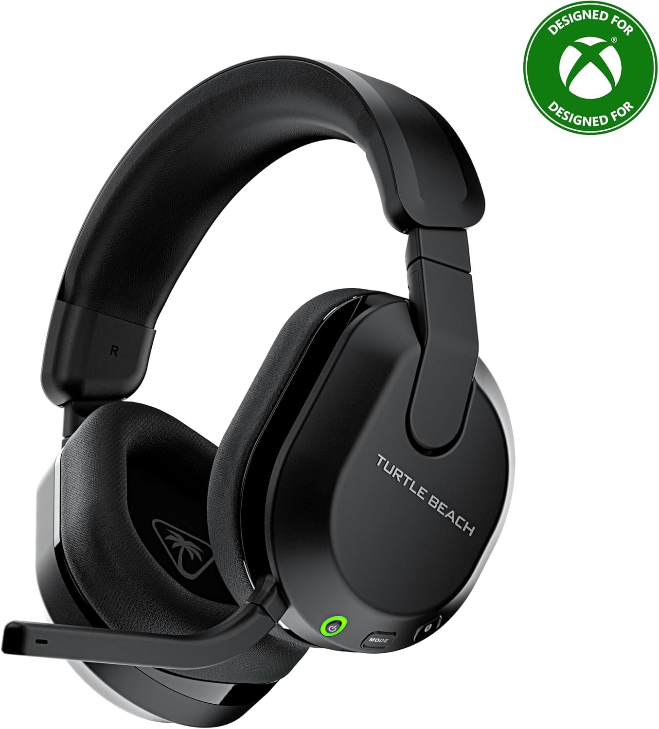 Turtle Beach Stealth 600 wireless gaming headset in black with its flip-to-mute microphone down