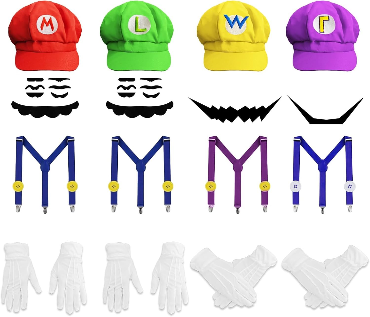 Four set plumber brothers costume kit with coloured caps, moustaches, braces and gloves