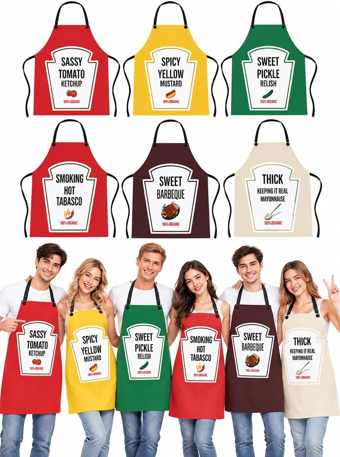 Condiment group costume aprons printed as ketchup, mustard and other sauces