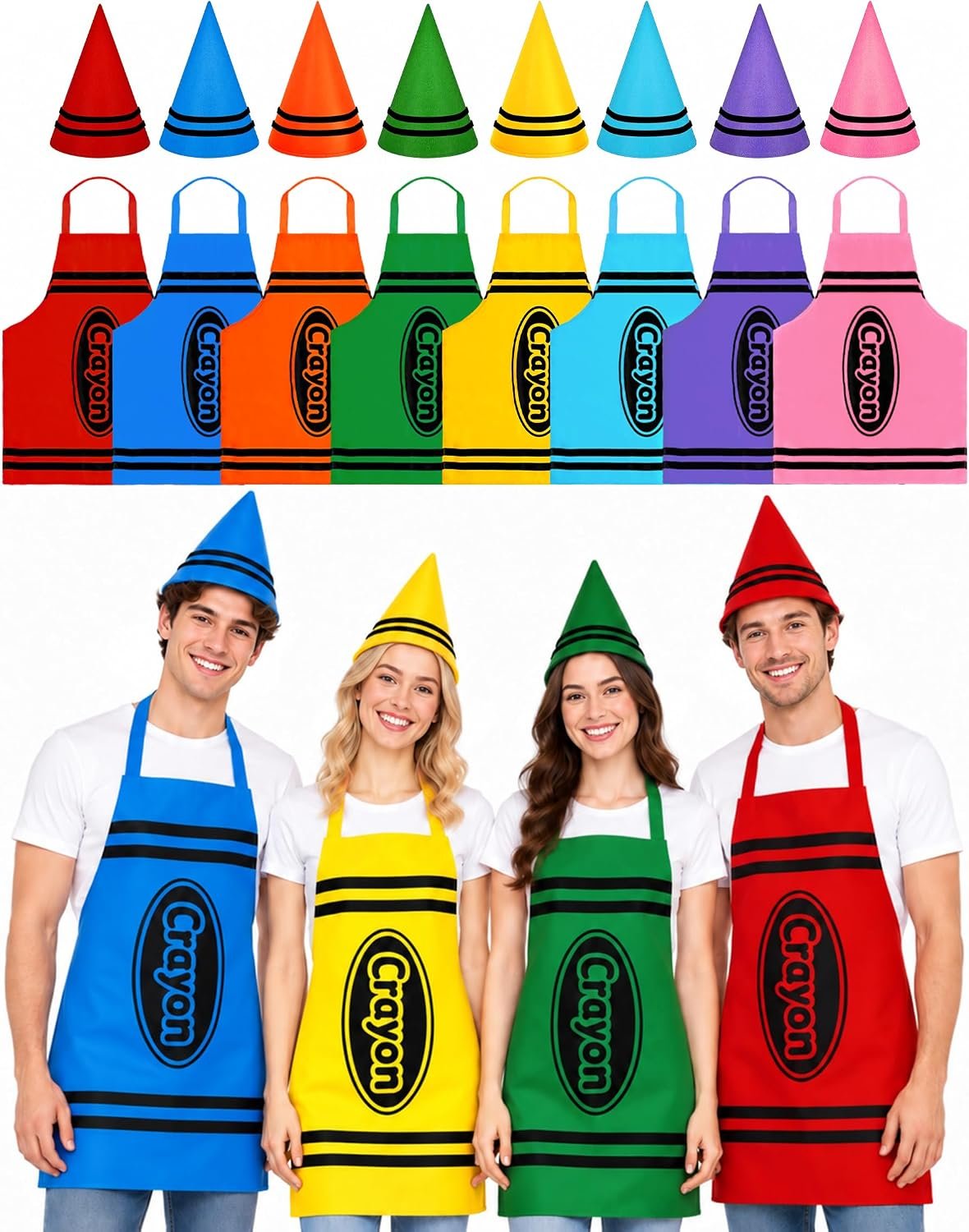 Sixteen piece crayon group costume set with coloured aprons and matching pointed hats