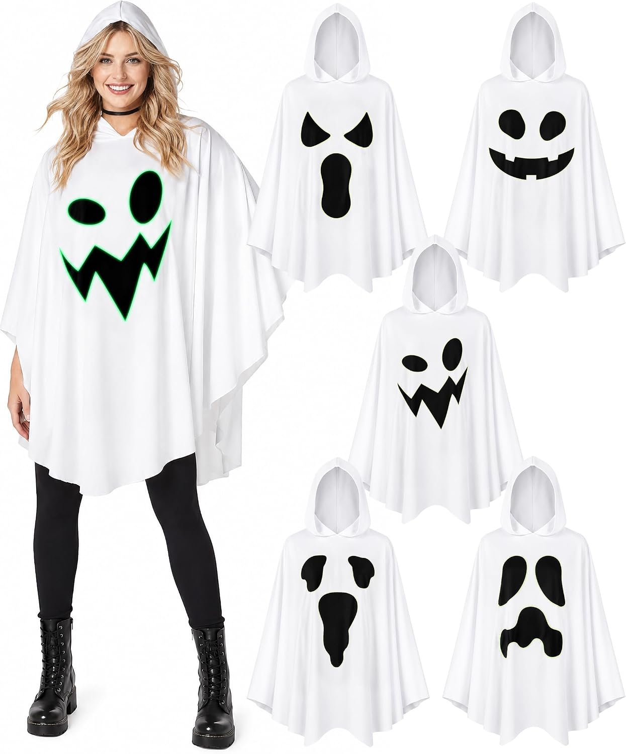 Five piece glow in the dark ghost poncho set with different printed faces