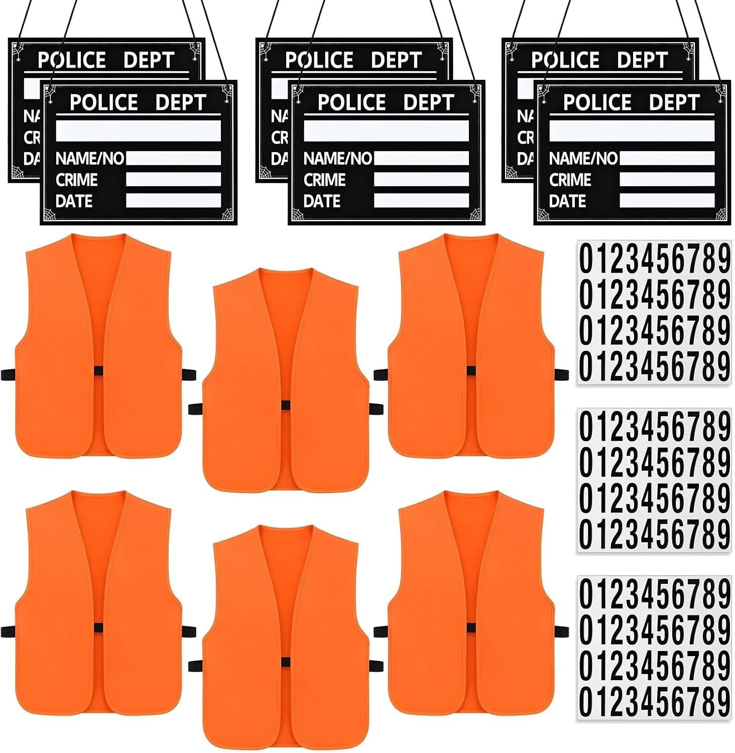 Six set prisoner costume kit with orange vests and police department nameplates