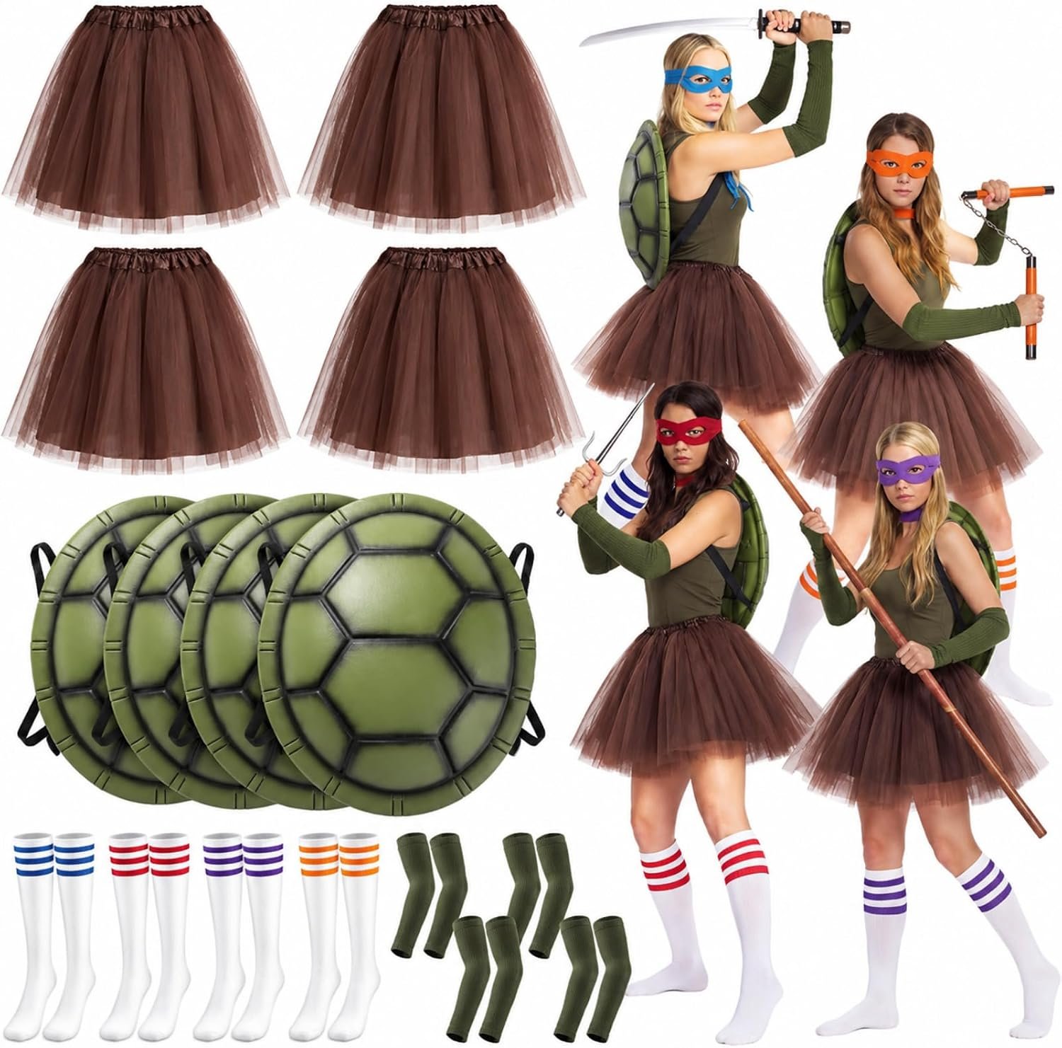 Sixteen piece turtle group costume set with shells, coloured masks and tutus