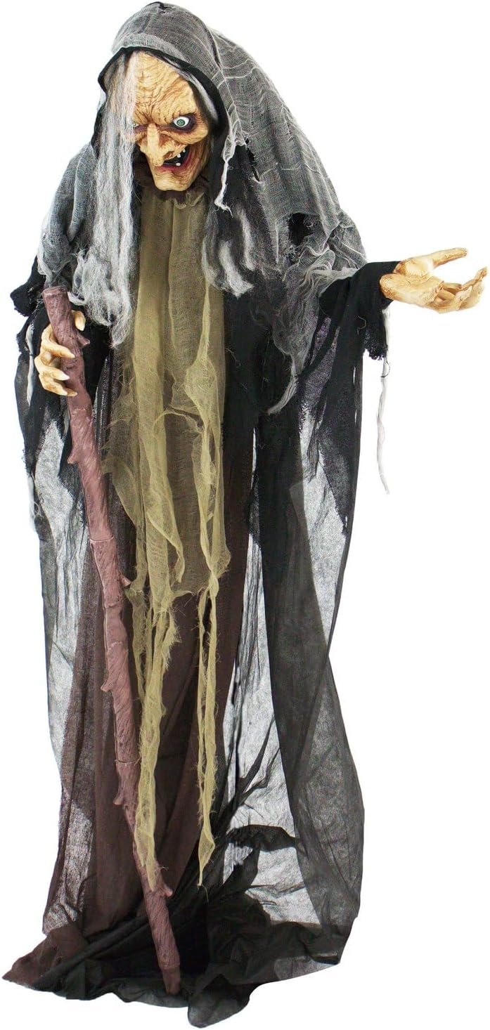 Haunted Hill Farm life-size poseable talking witch animatronic with red lit eyes