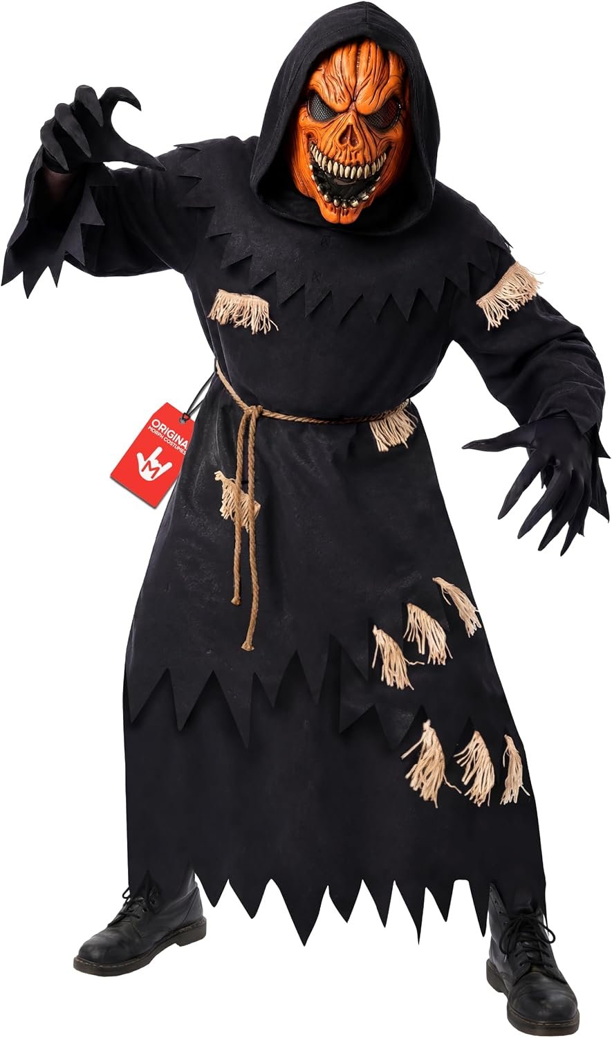 Morph Scary Pumpkin costume with a hooded black robe, jagged hem and a carved pumpkin mask
