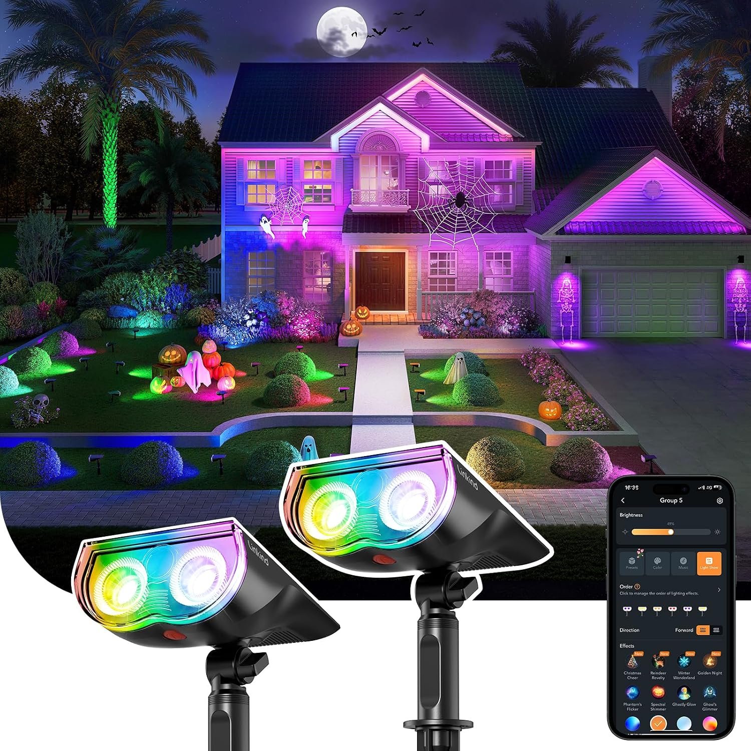 Linkind smart solar spot lights washing a house front in purple and green with the app shown