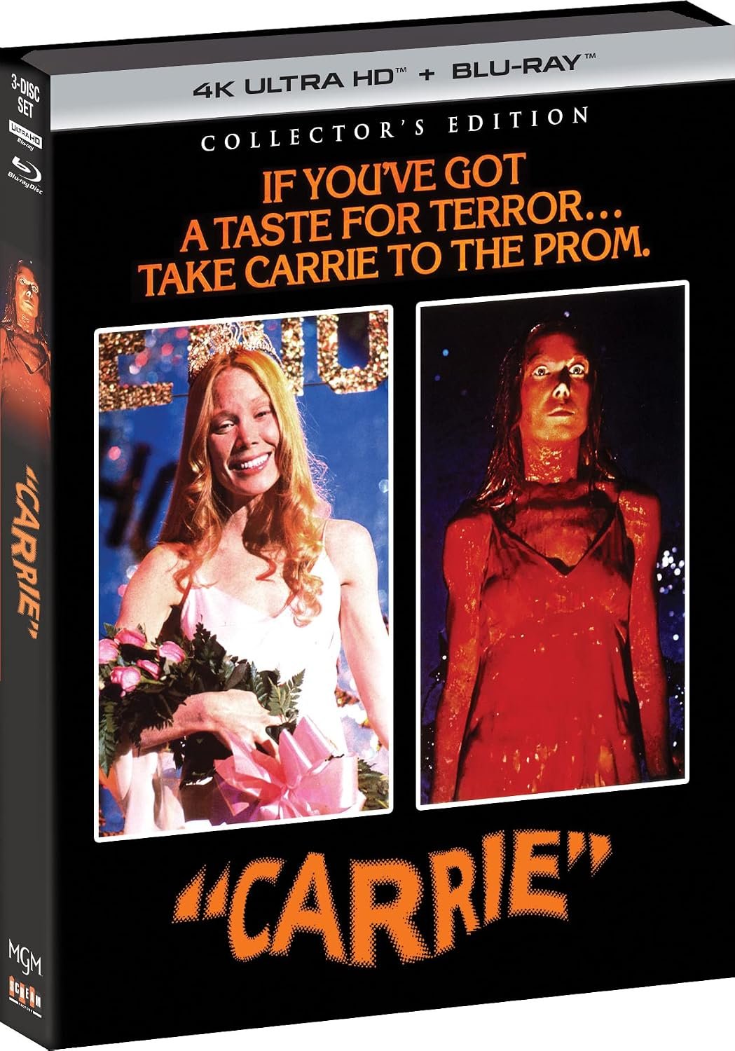 Carrie 1976 Collector's Edition 4K cover showing Sissy Spacek before and after the prom