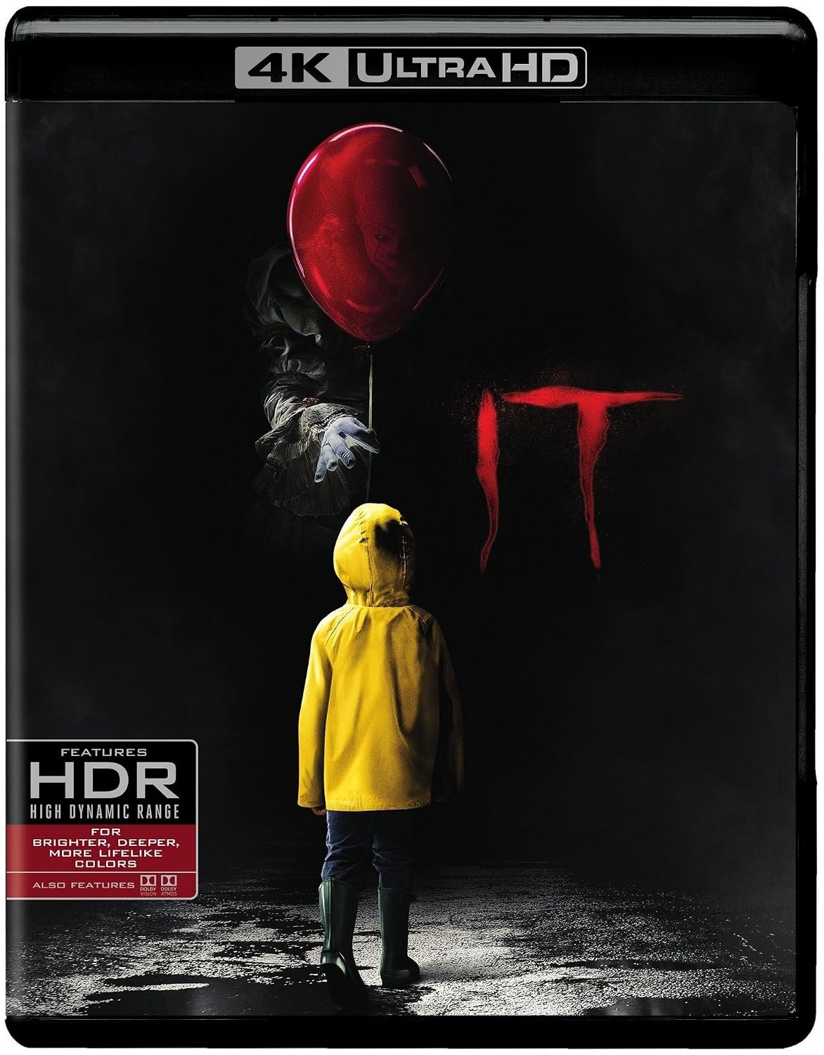 It 2017 4K Ultra HD cover showing a boy in a yellow raincoat beneath a red balloon