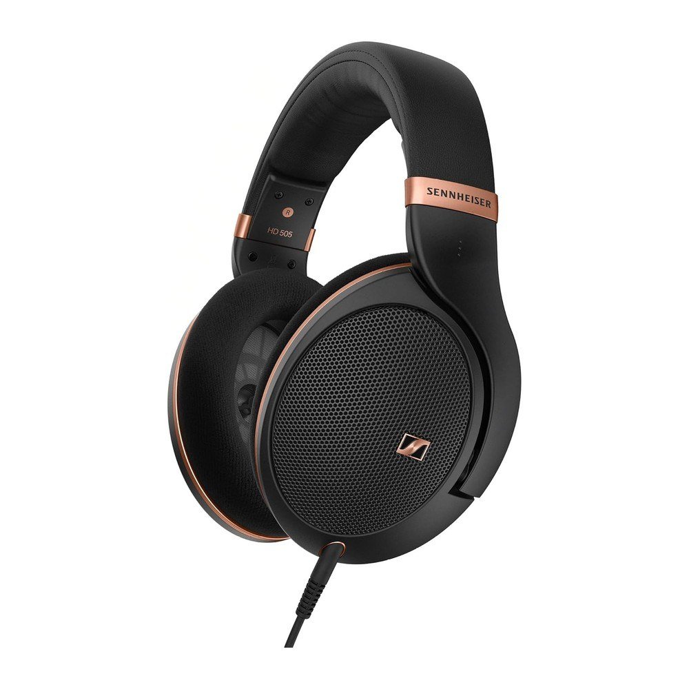 Black Sennheiser HD 505 open-back wired headphones with copper accents