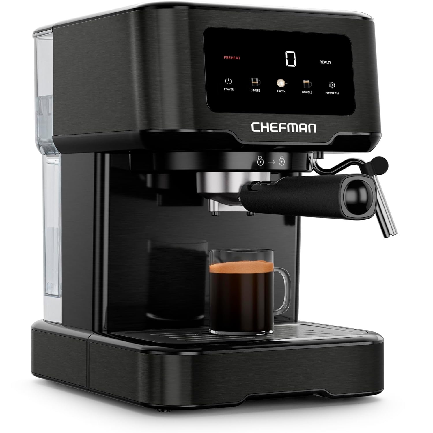 Chefman CraftBrew espresso machine in black with a digital panel and a steam wand on the side