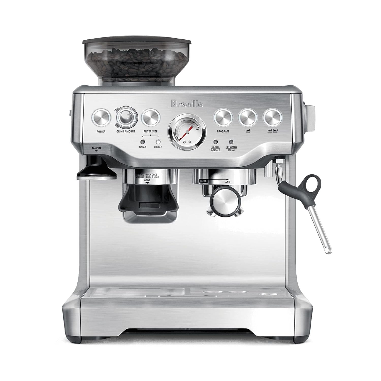 Breville Barista Express espresso machine in brushed stainless steel with its built-in bean hopper and portafilter