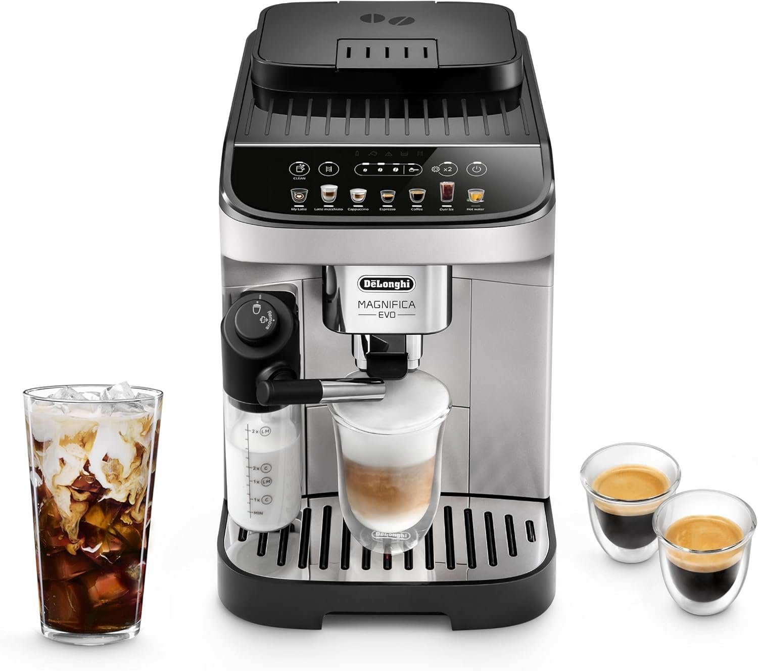 De'Longhi Magnifica Evo bean to cup espresso machine in silver pouring a layered latte macchiato