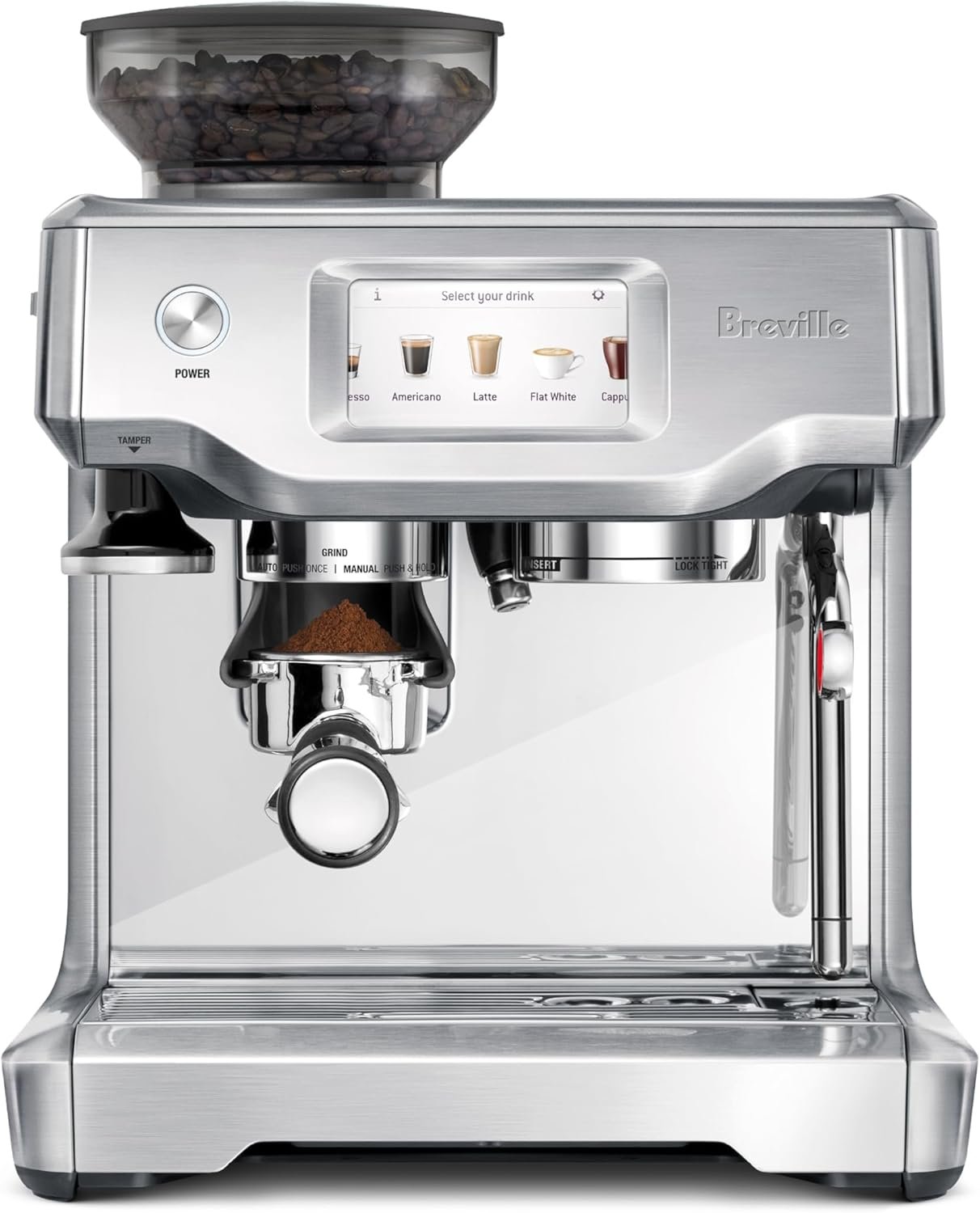 Breville Barista Touch espresso machine in stainless steel with a colour touchscreen on the front panel