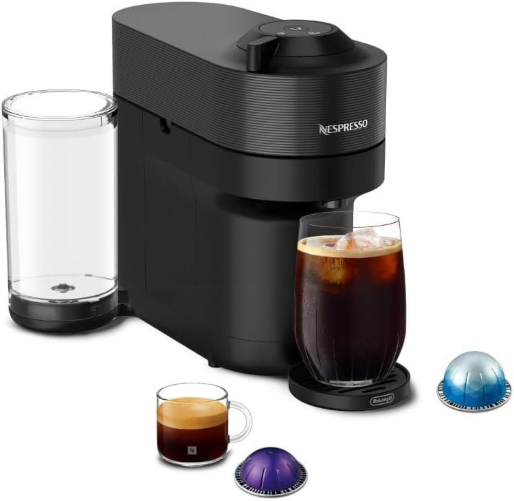 Nespresso Vertuo Pop Plus capsule espresso machine in black with its side-mounted water tank and coloured capsules