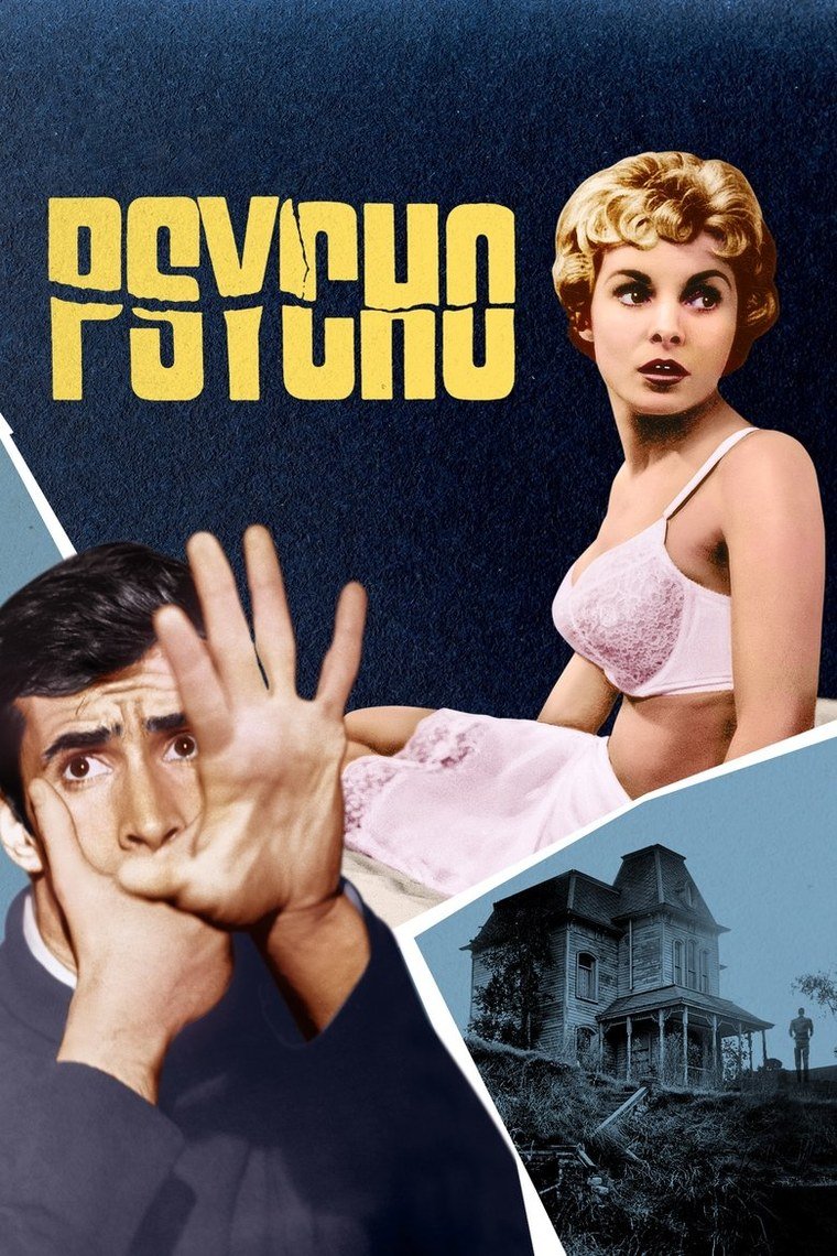 Psycho poster showing a woman in white against a looming house silhouette