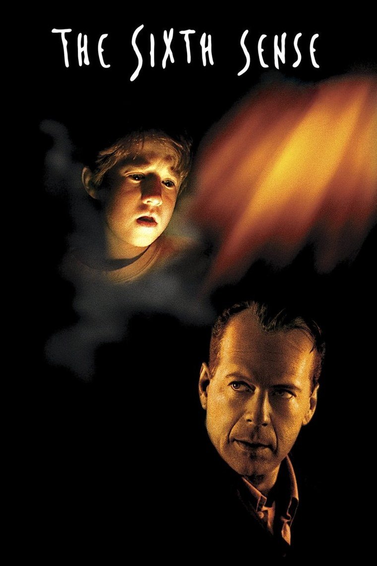 The Sixth Sense poster showing a boy and a psychologist in a dim room