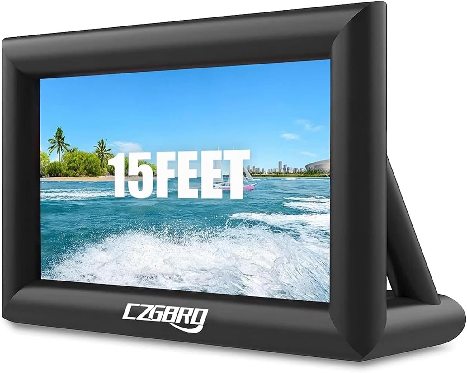 CZGBRO 15 foot inflatable projector screen inflated beside a swimming pool