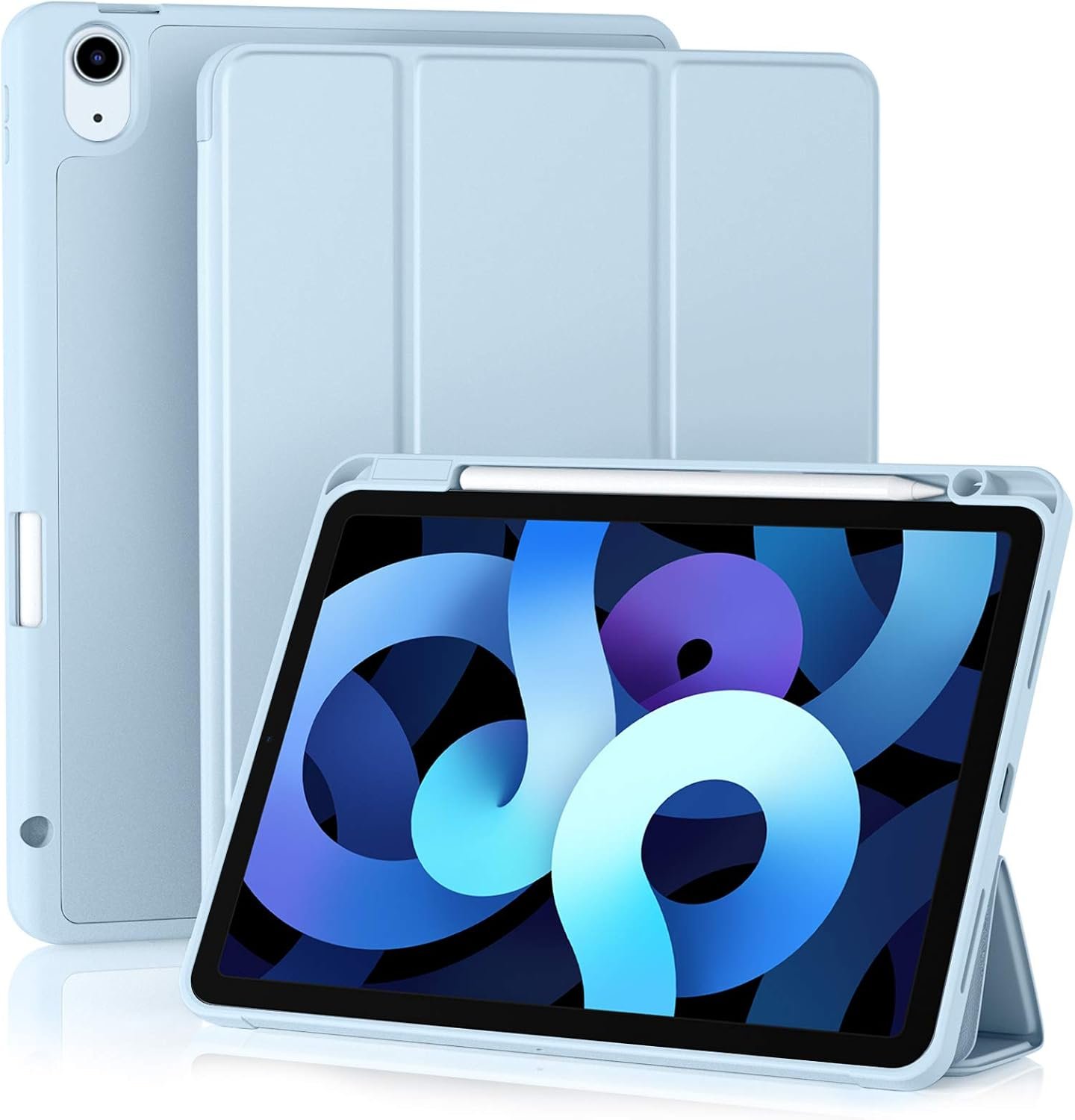 Akkerds iPad Air case in sky blue with its built-in pencil holder along the top edge
