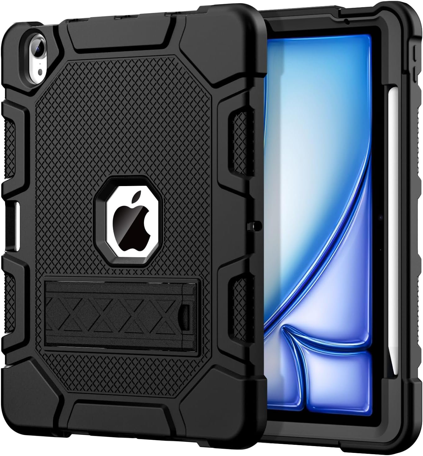 Azzsy heavy duty iPad Air case in black with its pop-out kickstand extended