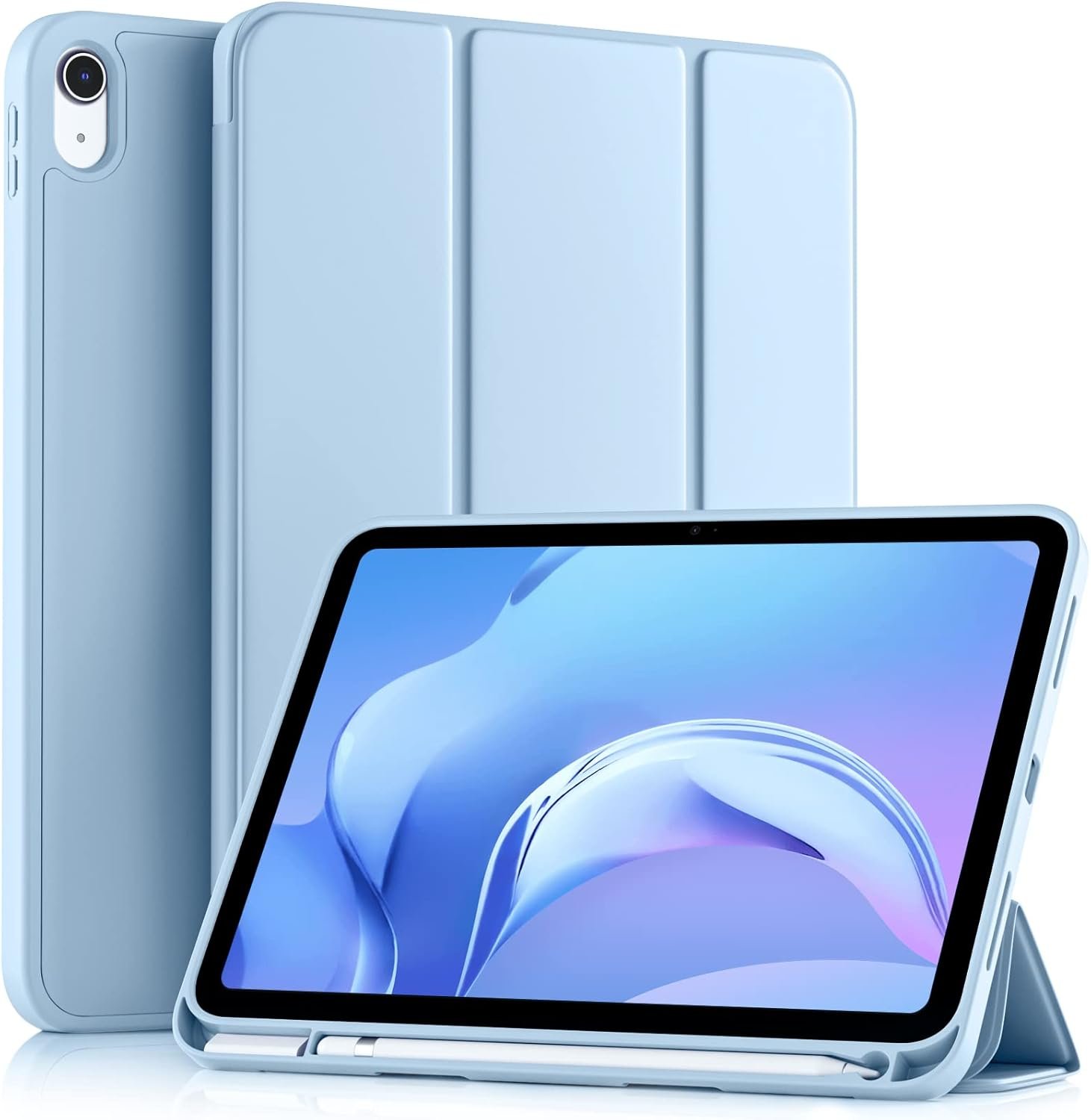 Akkerds iPad A16 case in sky blue folded into its typing position
