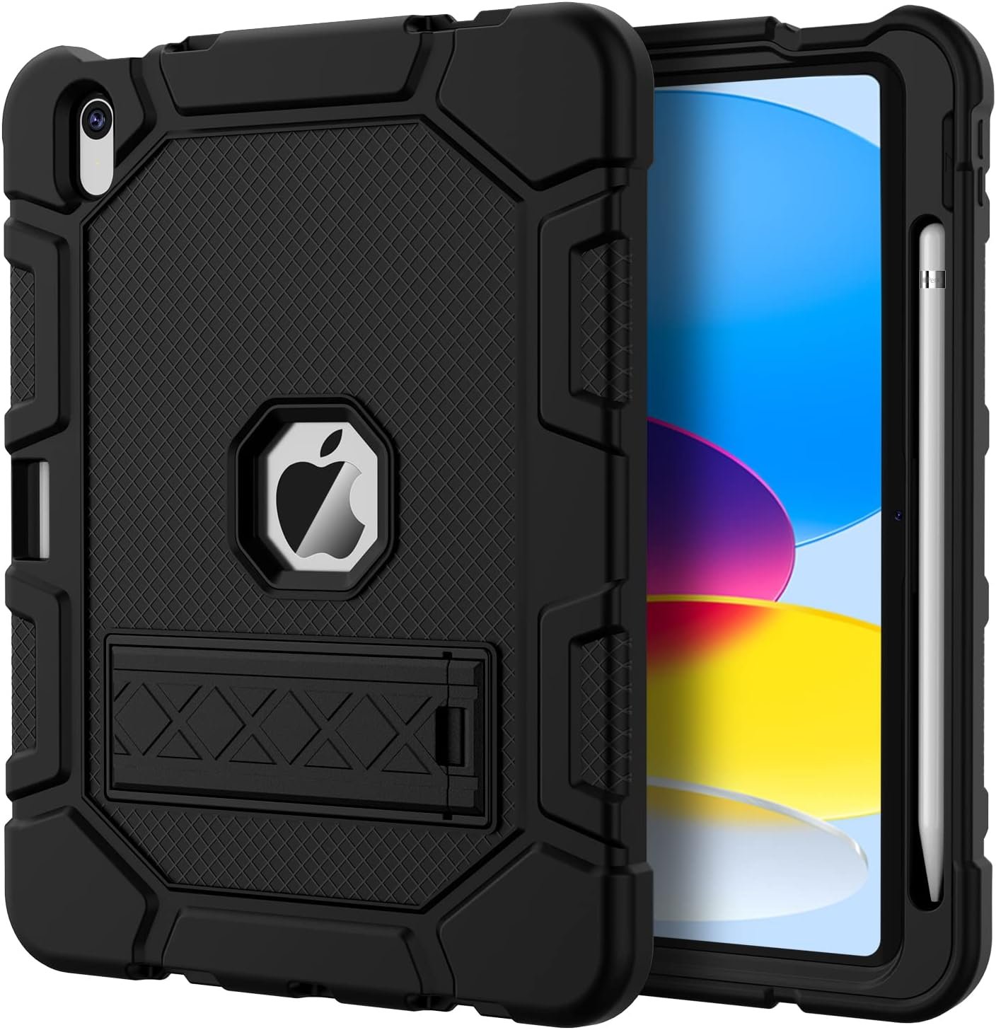 Azzsy heavy duty iPad A16 case in black with a pop-out kickstand and pencil slot