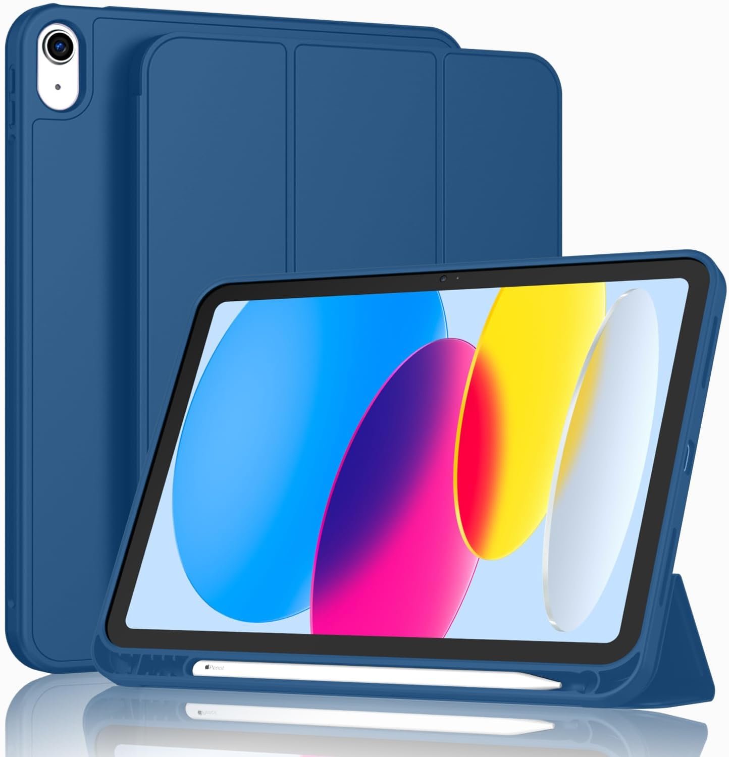 ToaPoia slim trifold iPad A16 case in navy blue with a soft TPU back