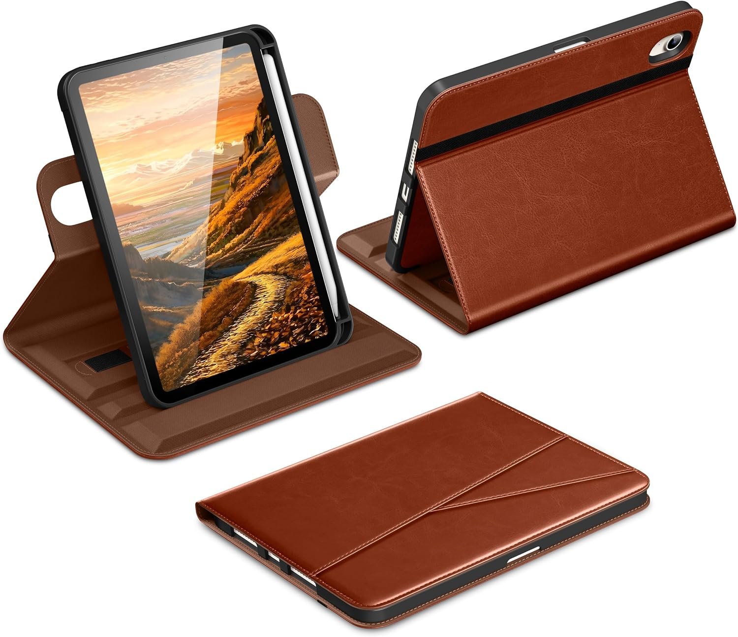 DTTO brown synthetic leather iPad mini folio open on its swivel stand