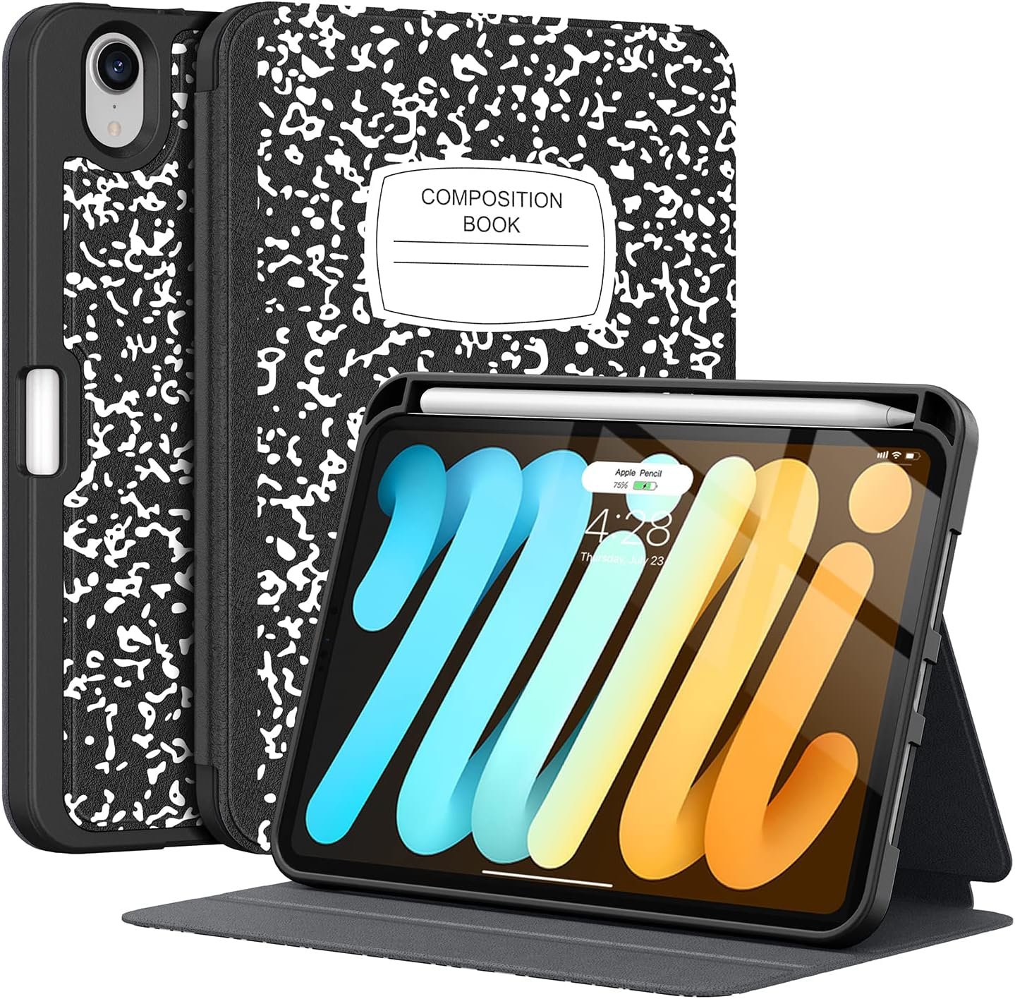 Supveco composition notebook style iPad mini case in black with its pencil holder