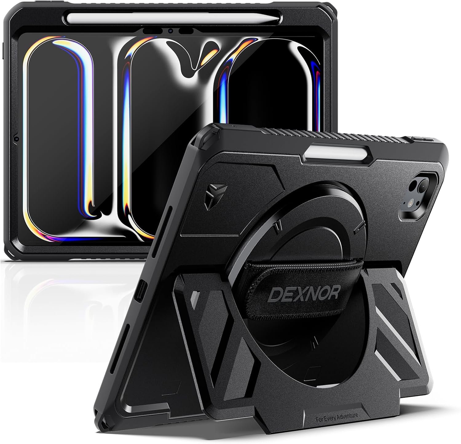 Dexnor rugged iPad Pro case with an extra-wide kickstand and 360 degree rotating hand strap