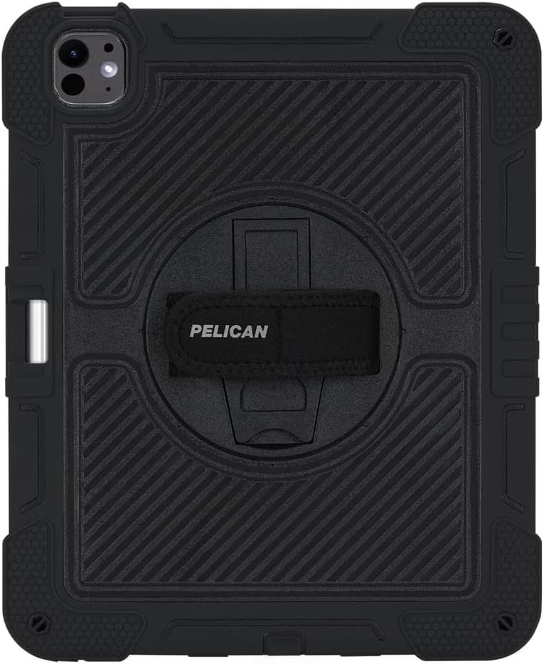 Pelican Voyager iPad Pro case in black with its rotating kickstand and hook and loop hand strap