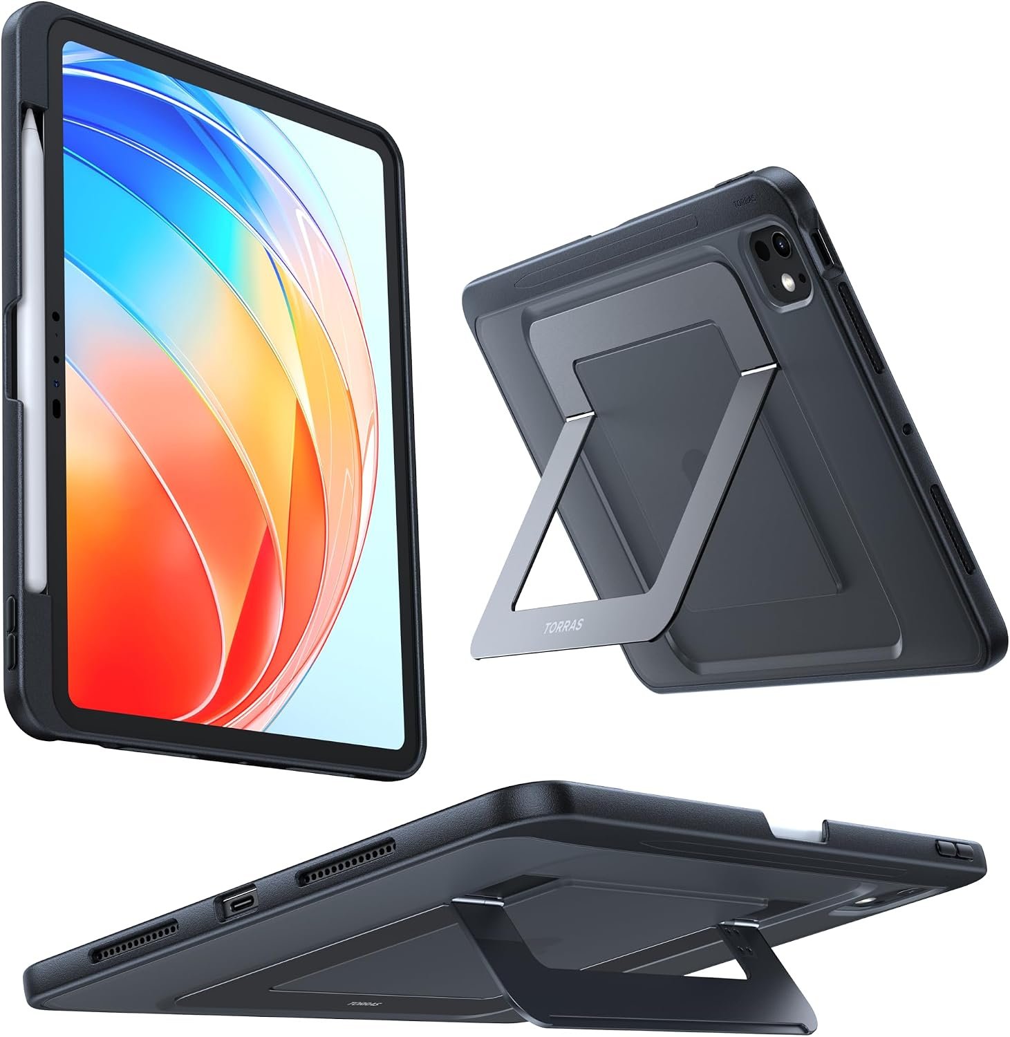 TORRAS Ostand K1 Guardian iPad Pro case in black with both aluminium stands extended