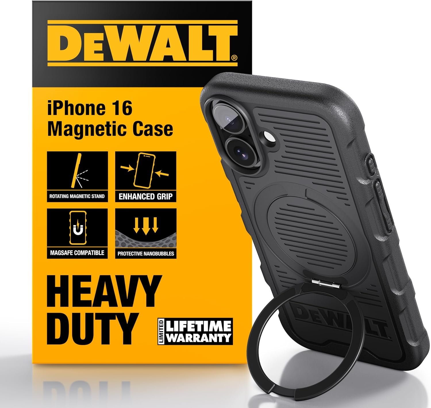 DEWALT iPhone 16 case in black with its 360 degree rotatable magnetic ring stand