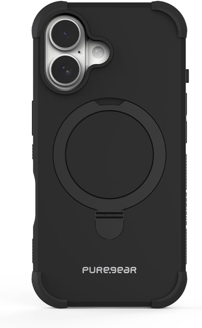 PureGear DualTek Kik case for the iPhone 16 in black with the kickstand folded out