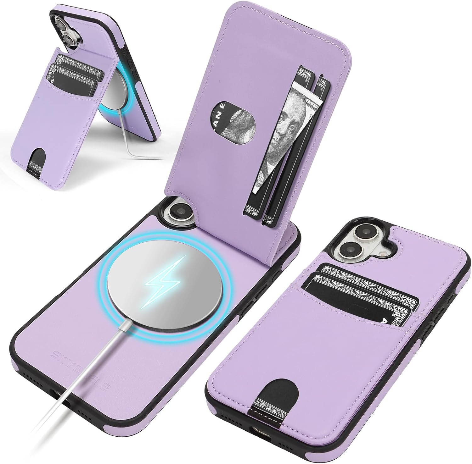 SkyEagle iPhone 16 wallet case in light purple opened to show its four card slots