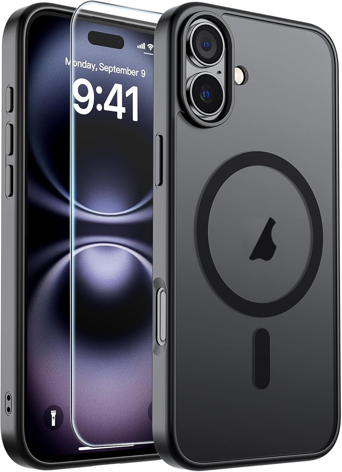 SUPFINE magnetic iPhone 16 case in black with a matte translucent hard back