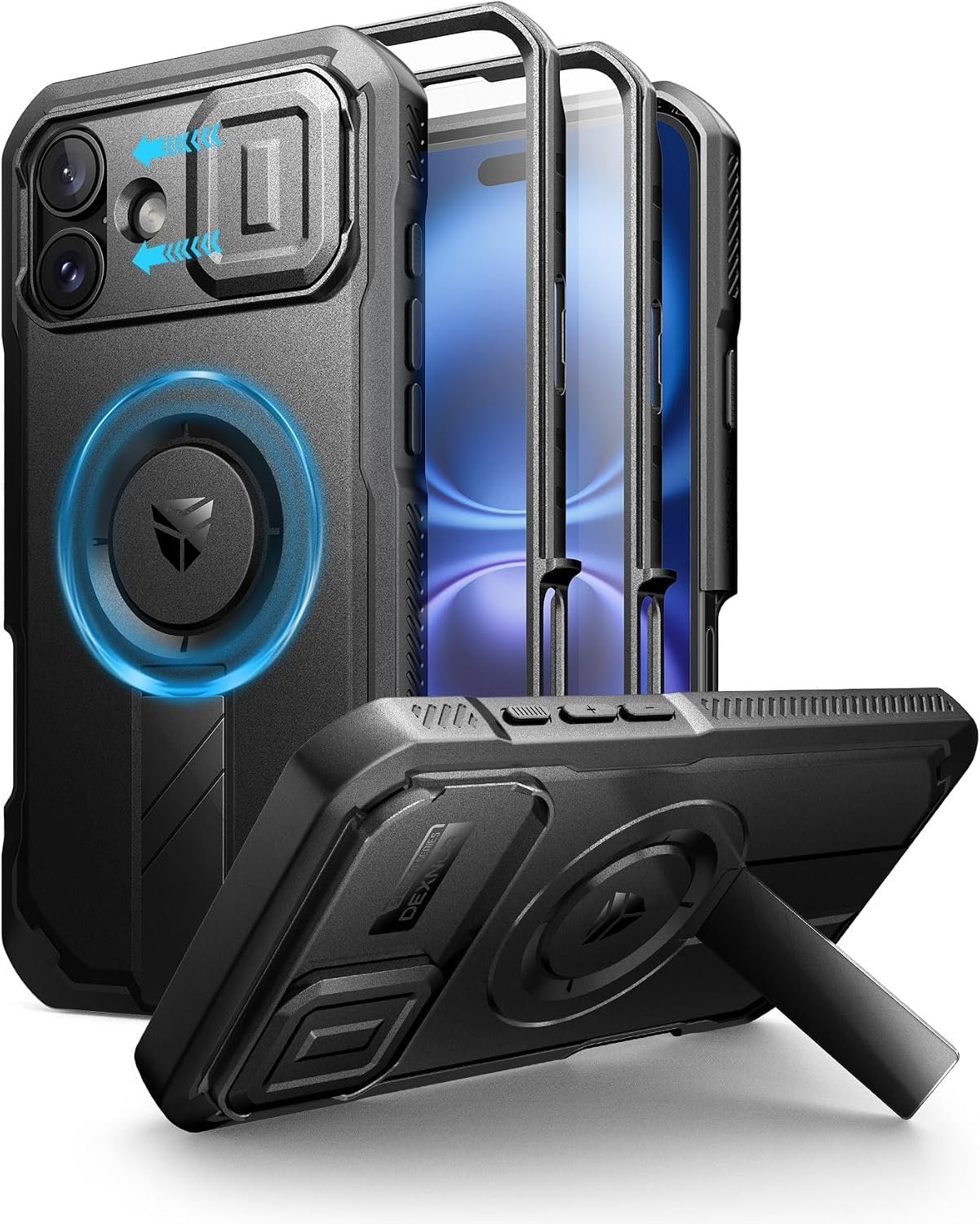 Dexnor iPhone 16 Plus case in black with the slide camera cover open and metal kickstand extended