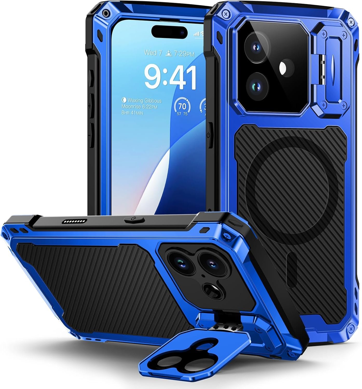 Lanhiem metal iPhone 16 Plus case in blue with its camera guard kickstand angled open