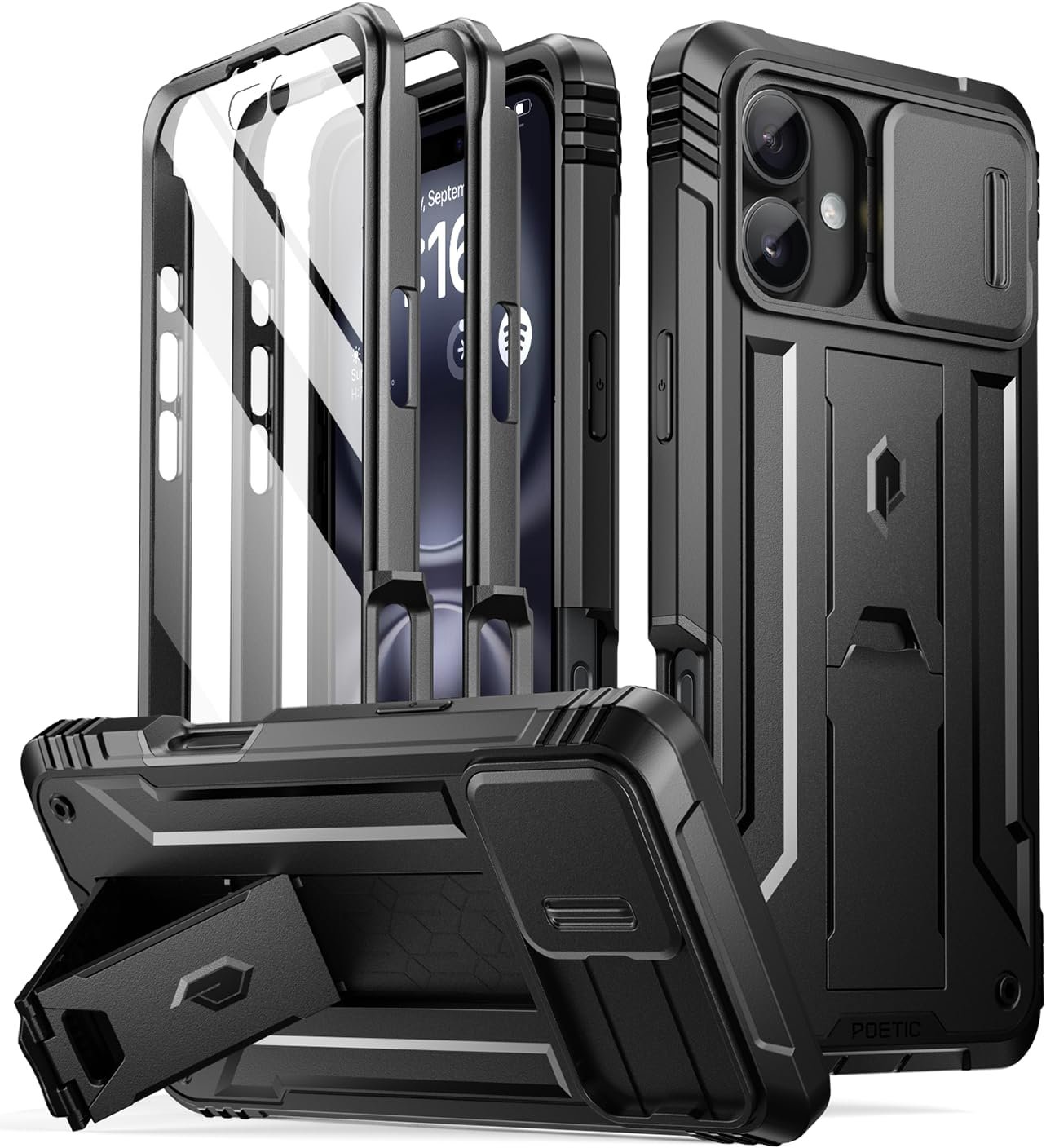 Poetic Revolution iPhone 16 Plus case in black with its pull-out kickstand and camera slider